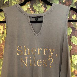 🍸"Sherry, Niles" Frasier Tank Top Front Tie Keyhole Olive Green & Gold